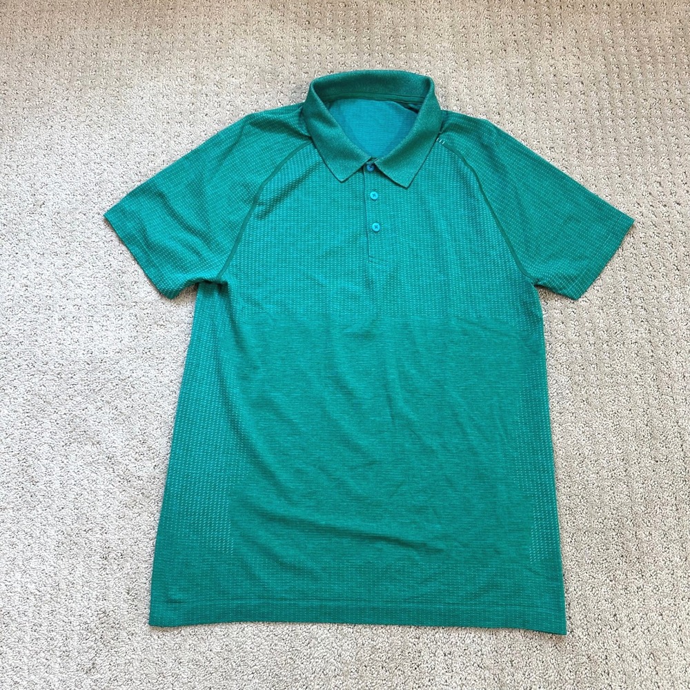 Lululemon Polo Shirt Men Medium Teal Metal Vent Tech Short Sleeve Athletic Mesh